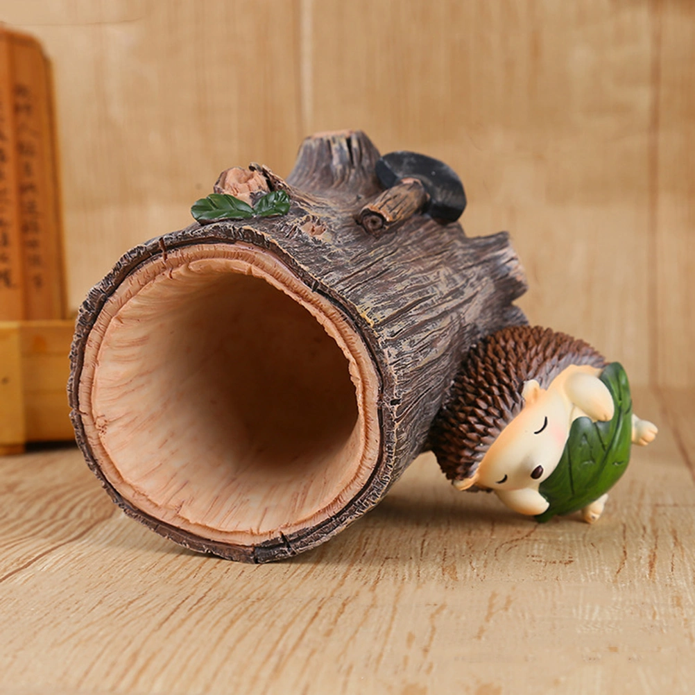 Resin Storage Hedgehog Pen Holder Children's Day Gifts Pen Decoration Crafts Desktop Storage Miniatures(Green Leaves)