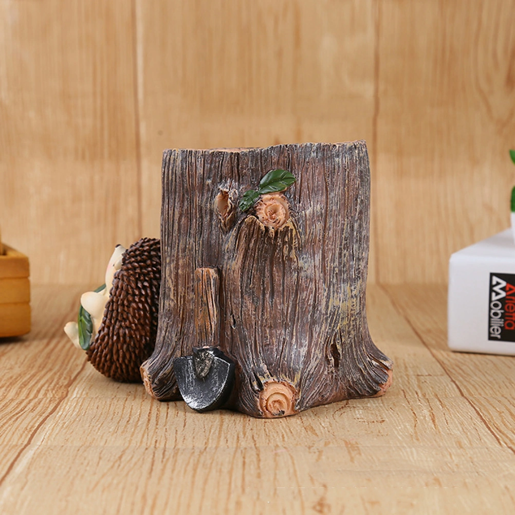 Resin Storage Hedgehog Pen Holder Children's Day Gifts Pen Decoration Crafts Desktop Storage Miniatures(Green Leaves)