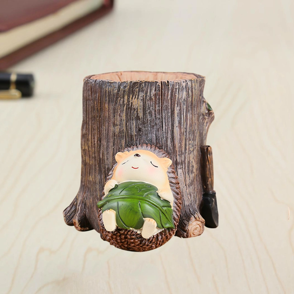 Resin Storage Hedgehog Pen Holder Children's Day Gifts Pen Decoration Crafts Desktop Storage Miniatures(Green Leaves)