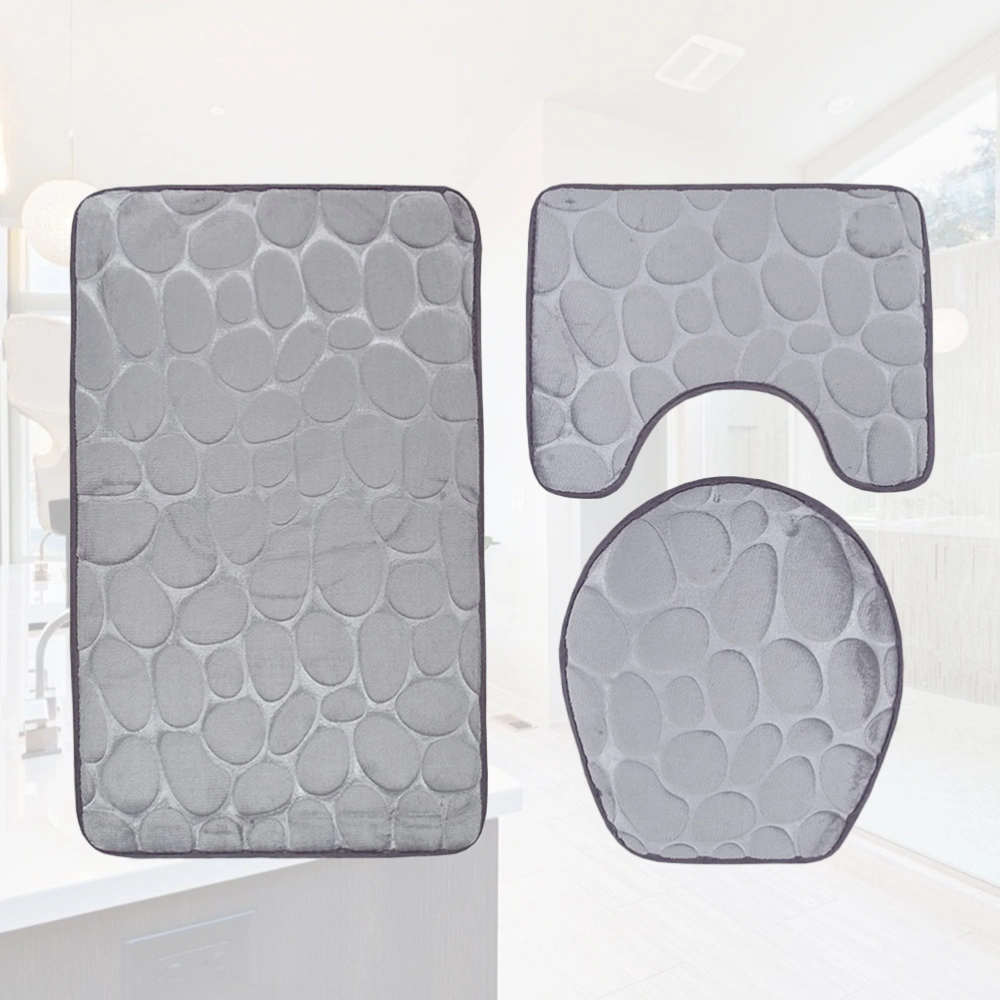 3PCS Pebble Pattern Bathroom Pedestal Mat Set Non-Slip Bath Mat Toilet Rug Closestool Lid Cover (Grey)