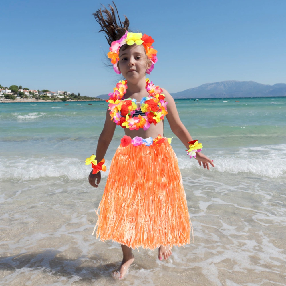 6Pcs Hawaii Tropical Hula Grass Dance Skirt Kids Flower Leis Bracelets Headband Necklace Bra Set 40cm (Orange Skirt)