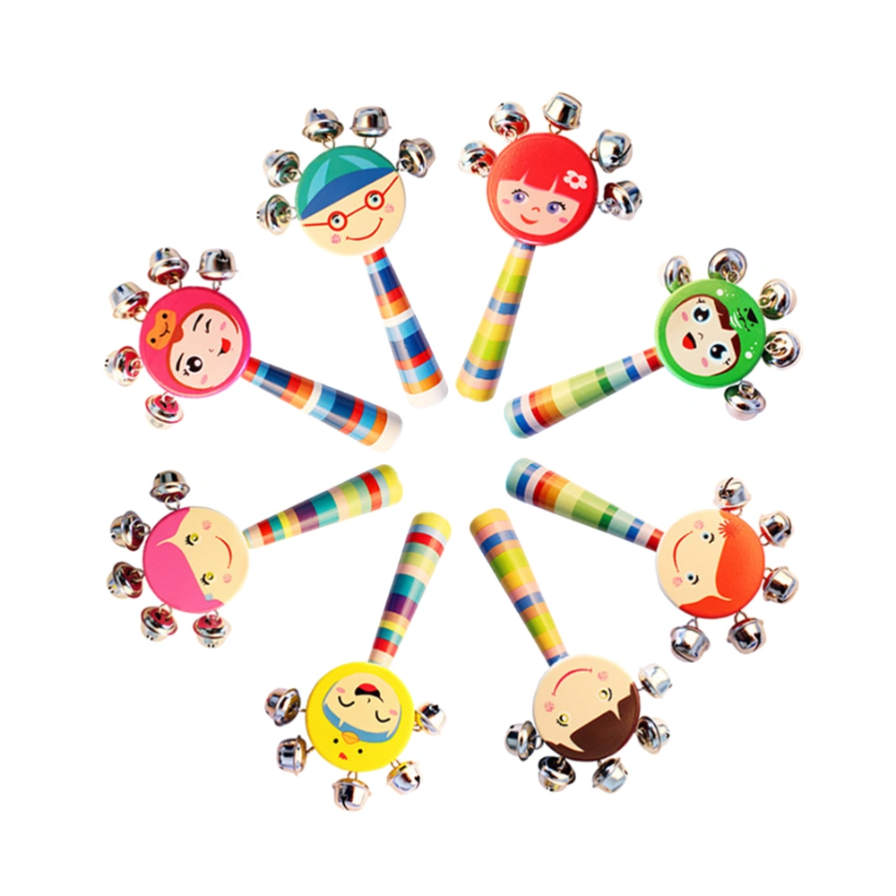 8pcs Baby Wooden Rattle Jingle Bells Smiling Face Stick Shaker Kids Children Musical Toys Musical Instrument with Wooden Handle(Mixed Color and Mixed Pattern)