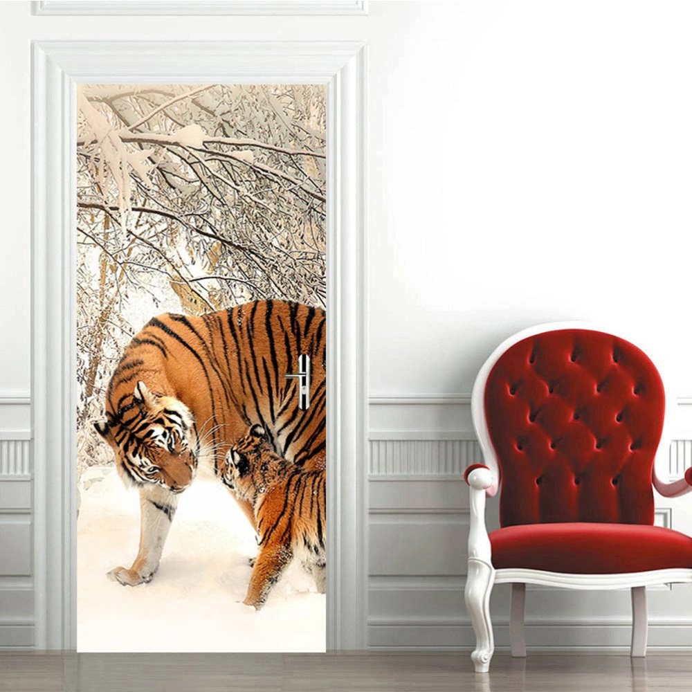 2pcs 3D Creative Snow Tiger Door Stickers Self-adhesive DIY Mural Home Decoration Bedroom Living Room PVC Waterproof Wall Sticker(Light Brown)