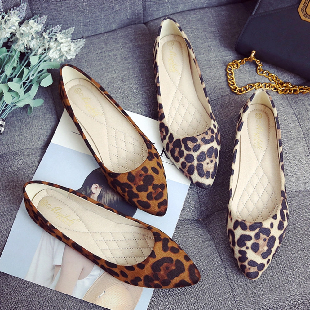 Fashion Leopard Shoes Flat-heeled Shoes Pointed Shoes Leisure for Women Ladies (Brown Leopard, Size 39)