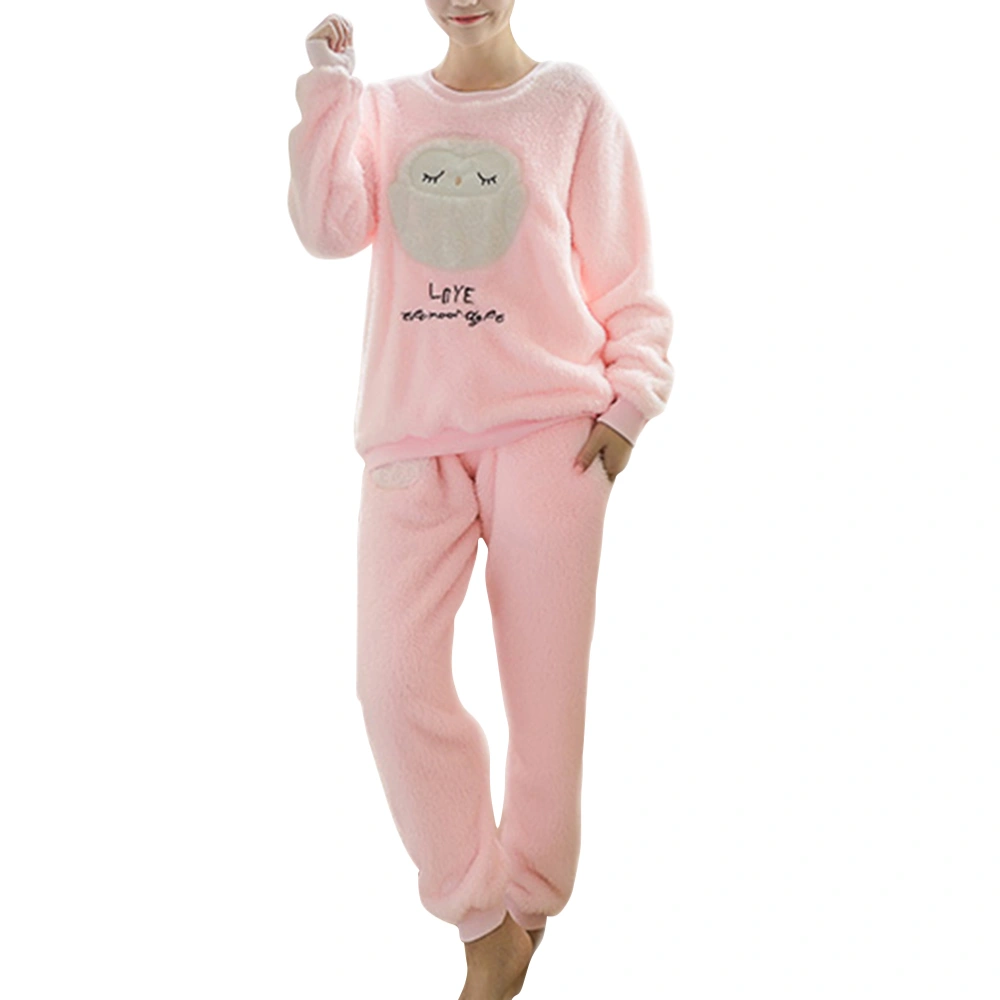 Women Cartoon Owl Style Flannel Winter Sleepwear Pajamas Set Long Sleeve Nightwear Size L (Pink)