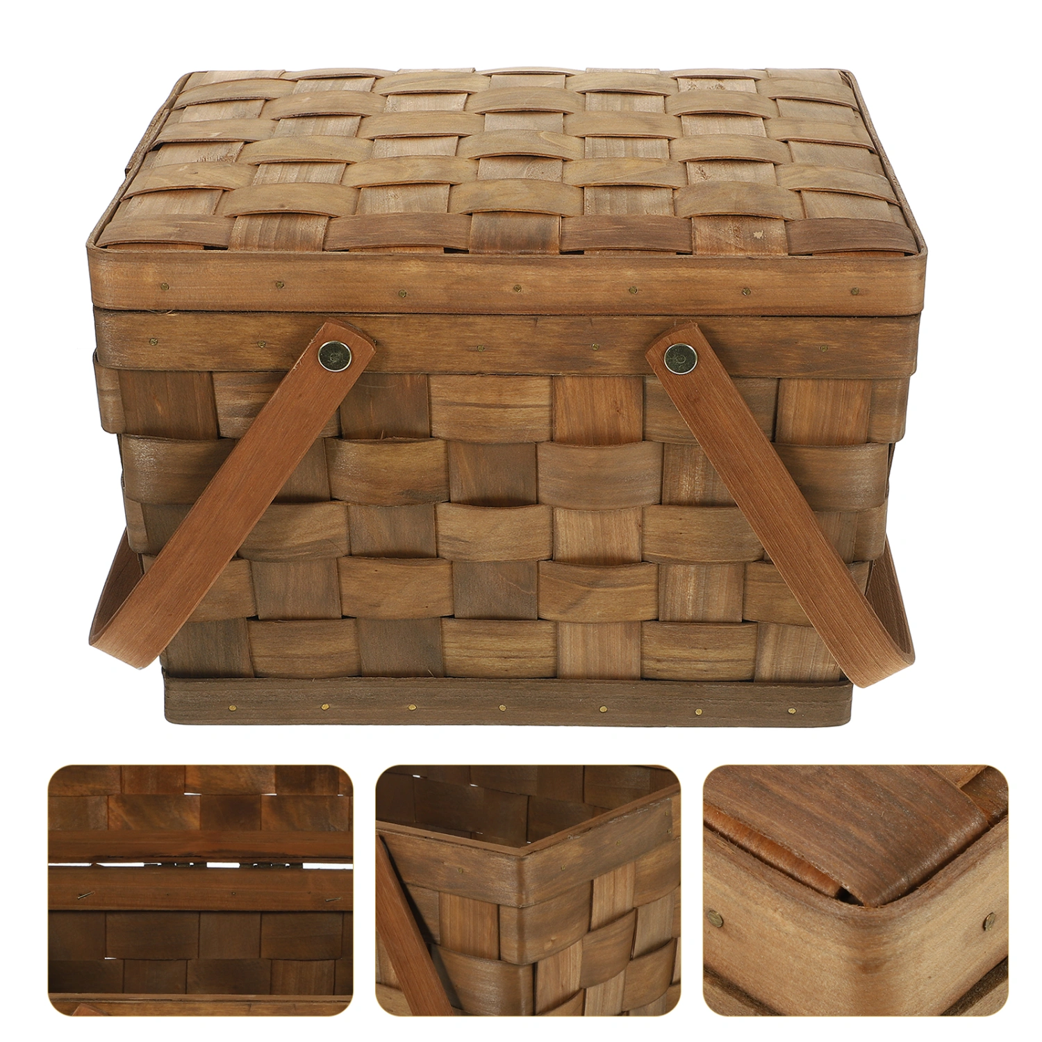 Picnic Basket Wood Chip Double Handles Basket Outdoor Picnic Basket Lidded Basket