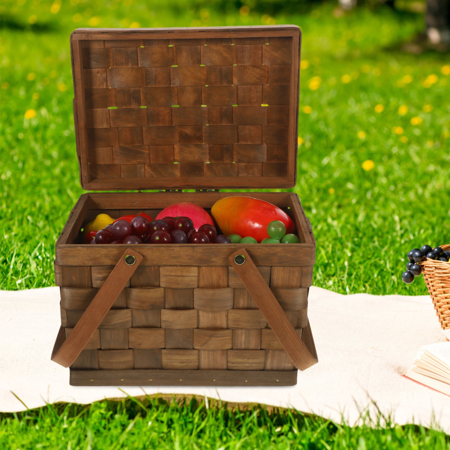 Picnic Basket Wood Chip Double Handles Basket Outdoor Picnic Basket Lidded Basket