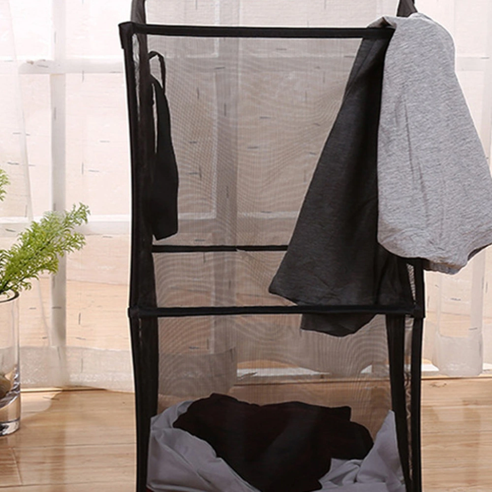 Foldable Clothing Storage Basket Mesh Toys Storage Container Space Saving Storage Organizer for Home Bathroom (Black, Double Layer)