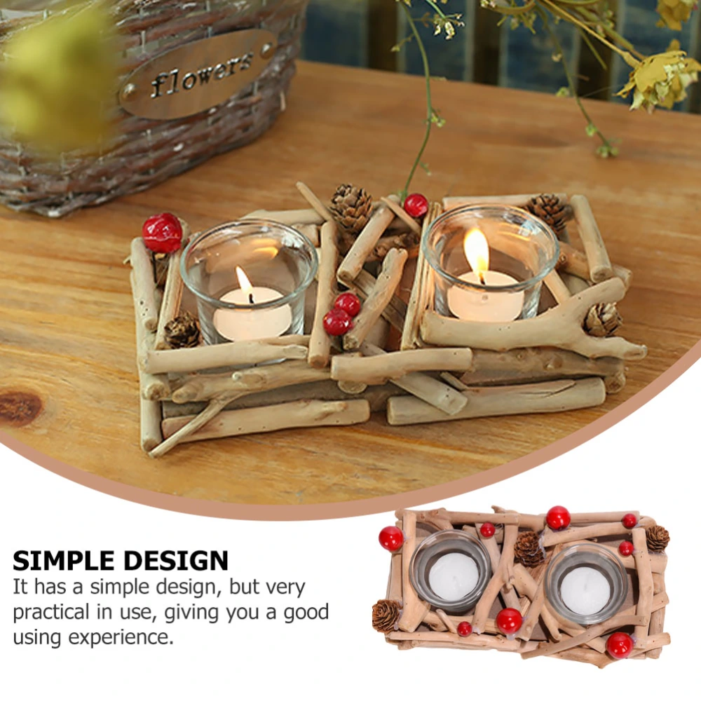 1pc Glass Candle Holder Wood Candleholder Exquisite Candlestick (Light Brown)