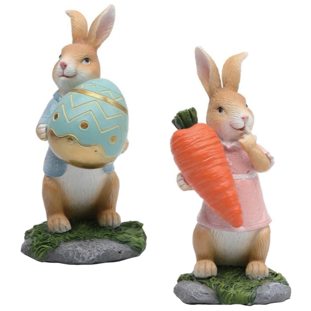 2Pcs Small Resin Craft Bunny Adornment Rabbit and Egg Carrot Ornament Ester Decoration