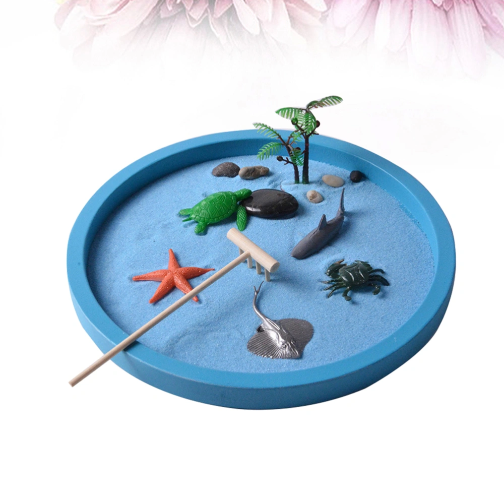 Mini Sandbox Miniature Zen Garden Sand Toys Play Kit with Sand Rakes Simulation Marine Animals Model (Blue and Parts for Random)