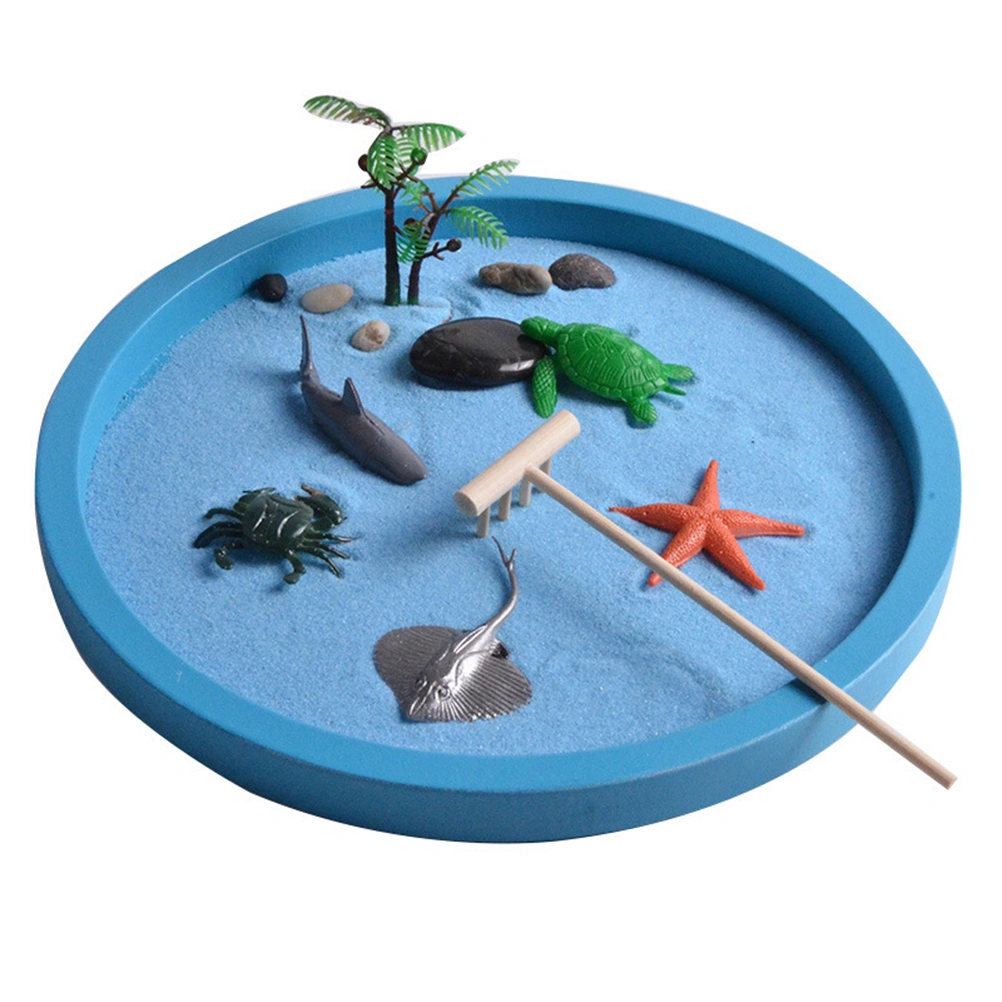 Mini Sandbox Miniature Zen Garden Sand Toys Play Kit with Sand Rakes Simulation Marine Animals Model (Blue and Parts for Random)