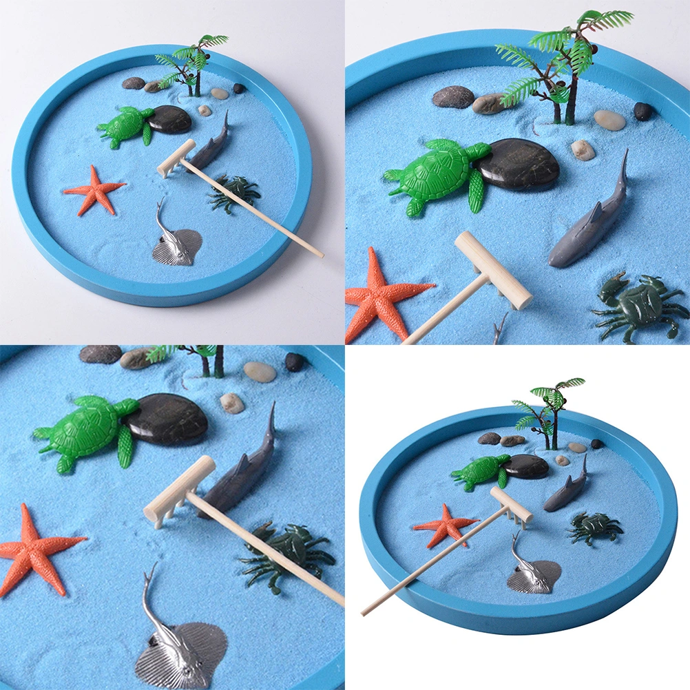 Mini Sandbox Miniature Zen Garden Sand Toys Play Kit with Sand Rakes Simulation Marine Animals Model (Blue and Parts for Random)