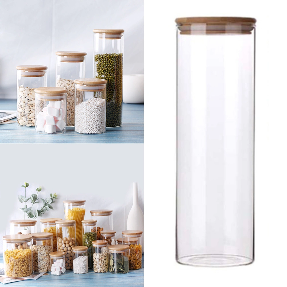 2000ml Transparent Glass Jars Storage Container for Tea Coffee Spice Candy (10x28cm, with Bamboo Cover)