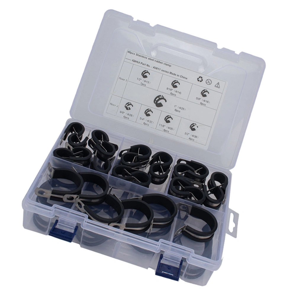 45pcs R-shaped Hose Pipe Clamps Air Clamps Rubber Cable Clamp Assortment Kit