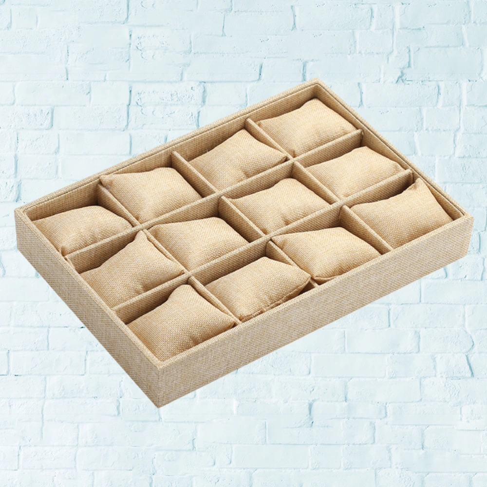 Delicate Multi-lattice Watch Case Pillow Design Storage Tray Flannelette Watch Storage Box (Linen Color)