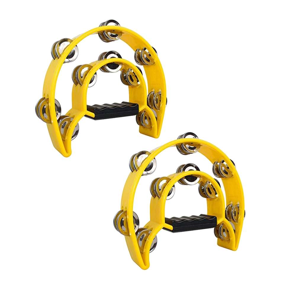 2pcs Double Row Tambourine Half Moon Metal Musical Jingles Tambourine Hand Held Rattle for Bar Party (Yellow)