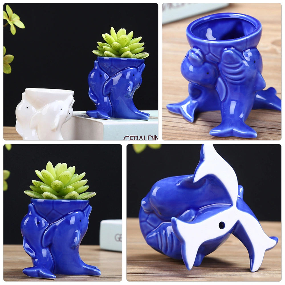 1 Pair Dolphin Shape Pen Holder Flower Pot Succulent Plant Holders (Blue)