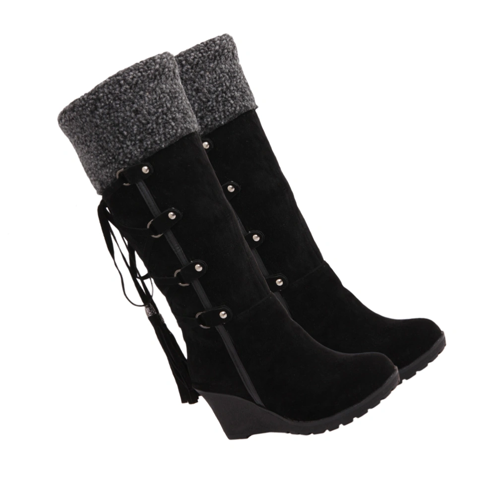 Women High Boots Fashion Slipsole High Boots Girl Tassel Boots Winter Snow Boots (Black Size 36)