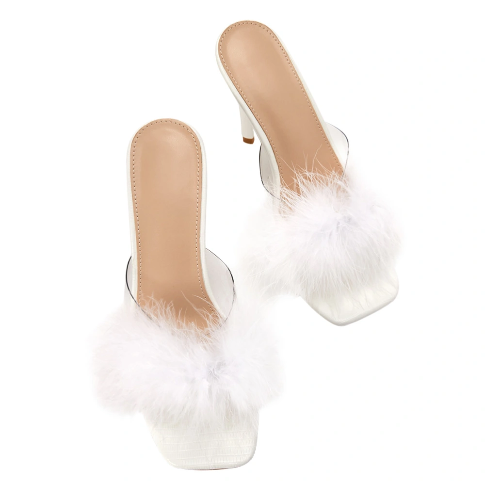 1 Pair Girl Charming High-heeled Sandals Fluffy Decor Shoes Square Head Sandals