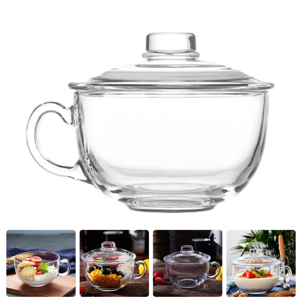 Glass Salad Bowl with Lid and Handle Porridge Milk Fruit Bowl for Home Restaurant