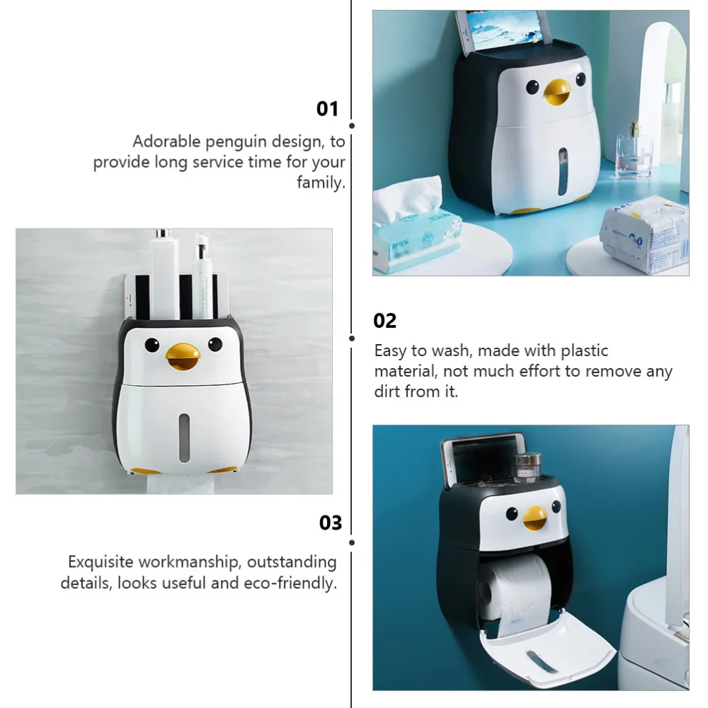 1Pc Lovely Penguin Tissue Box Bathroom Waterproof Roll Paper Box Black White