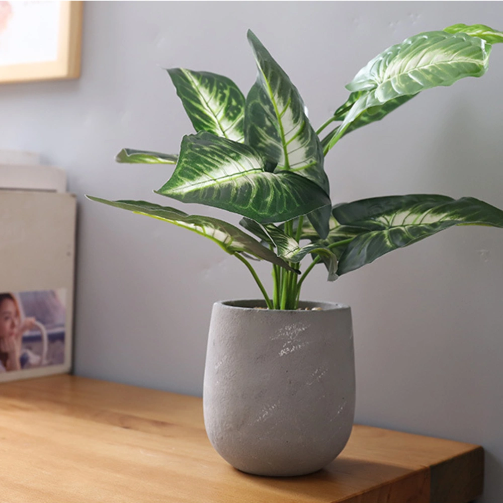 Artificial Taro Leaves Plants with Cement Pot Decorative Silk Plant for Home Decor (Green)