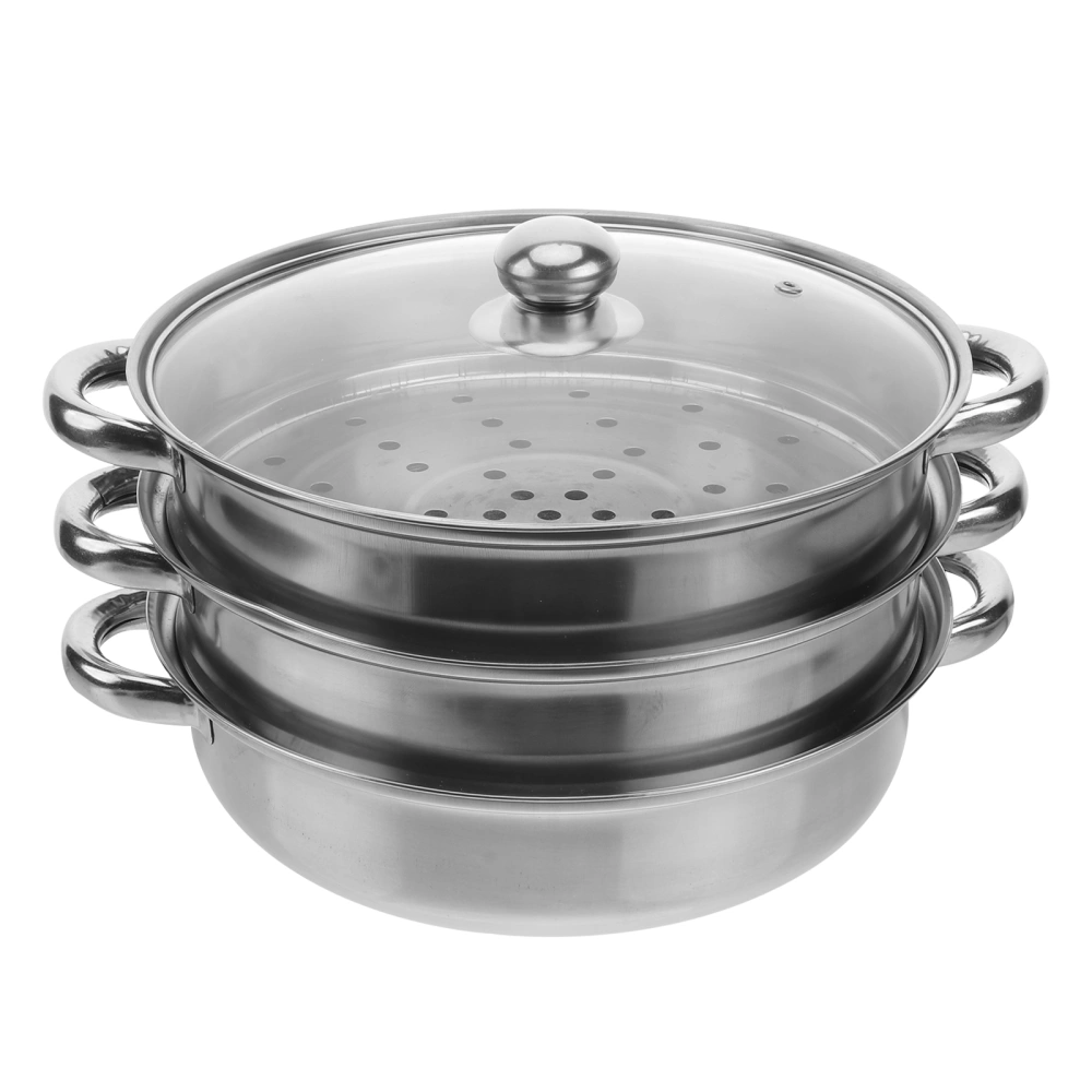 28cm Stainless Steel Three-Layer Soup Steamed Dual-Purpose Steamer Multi-Function Steamed Pot Cookware Pot Cooking Gifts(Silver)