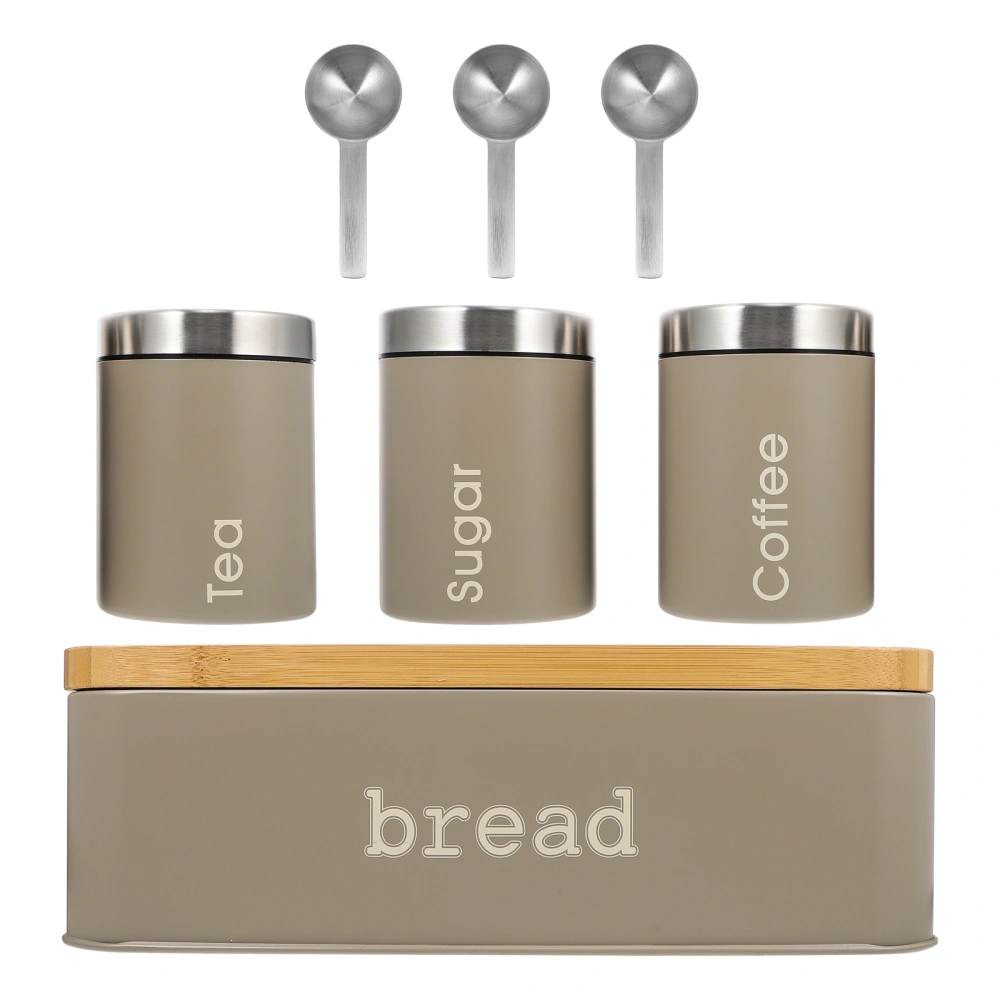 1 Set Bamboo Lid Bread Storage Box Iron Seasoning Airtight Jars Set (Grey)