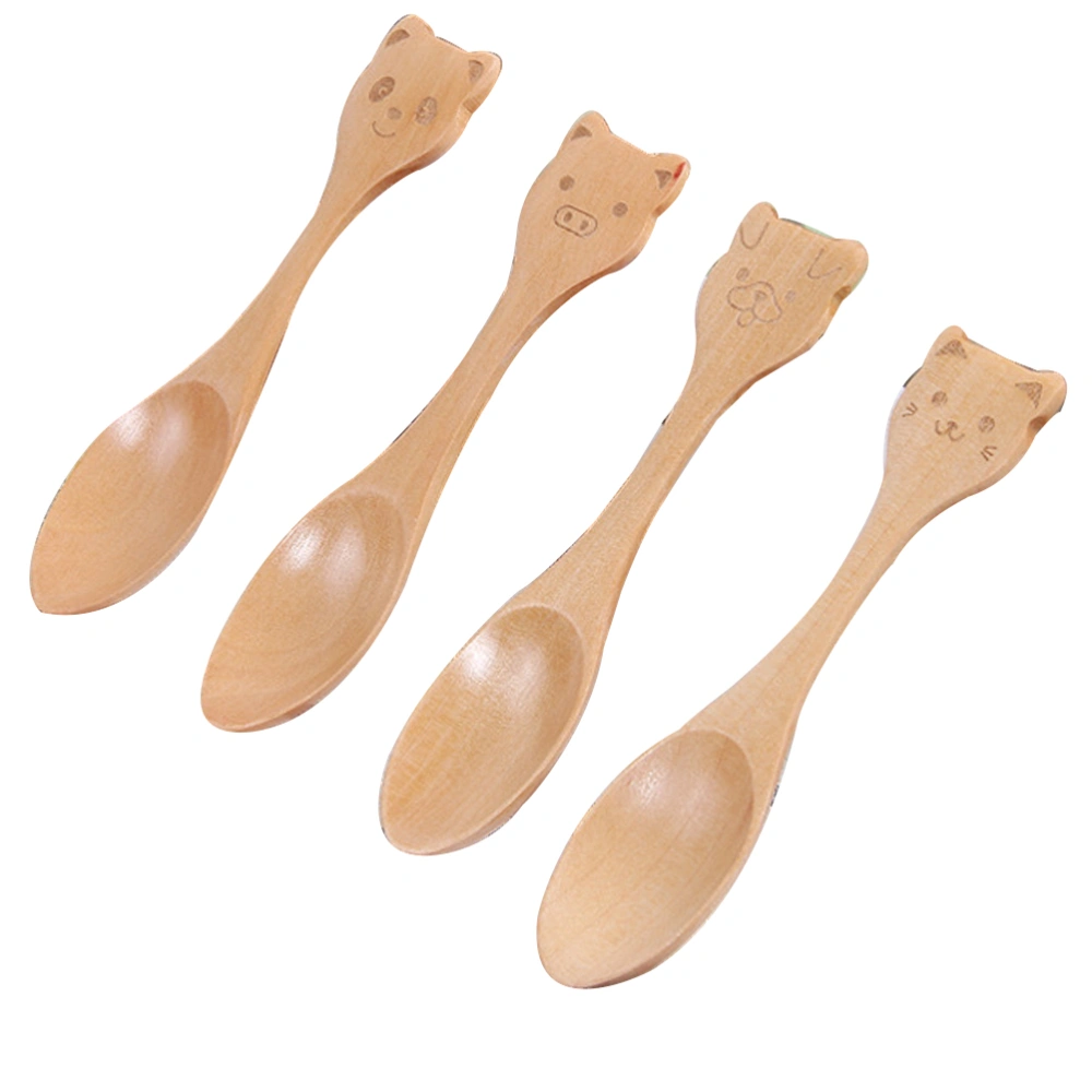 4pcs Wooden Children Spoon Cartoon Tableware Kids Flatware for Home Restaurant Dessert Kindergarten (Kitten + Pig + Puppy+ Panda)