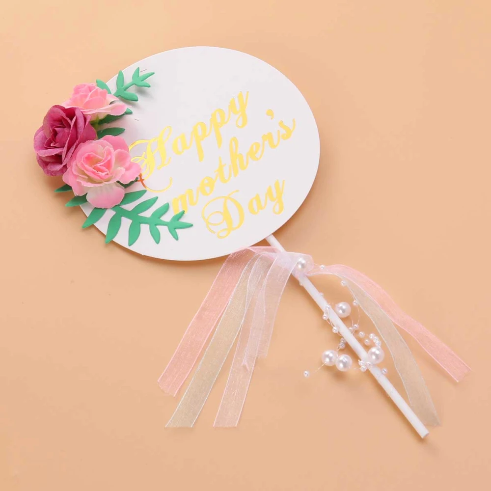 Happy Mother's Day Cake Topper Creative Flower Pearl Decor Cake Picks Cake Decoration Golden Letter