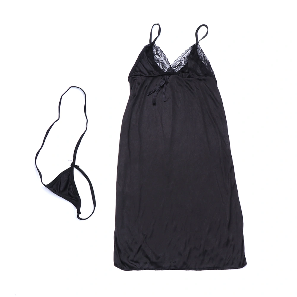 Women Sexy Lace Lingerie Dress Nightwear Stain Silk Sleeperwear Nightgown Lace Robe (Black)