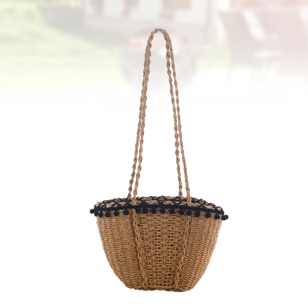 Fashion Straw Weaving Bag Stylish Casual Cotton Ball Lace Beach Bag Shoulder Bag for Woman Girl (Light Brown, Black Cotton Ball)