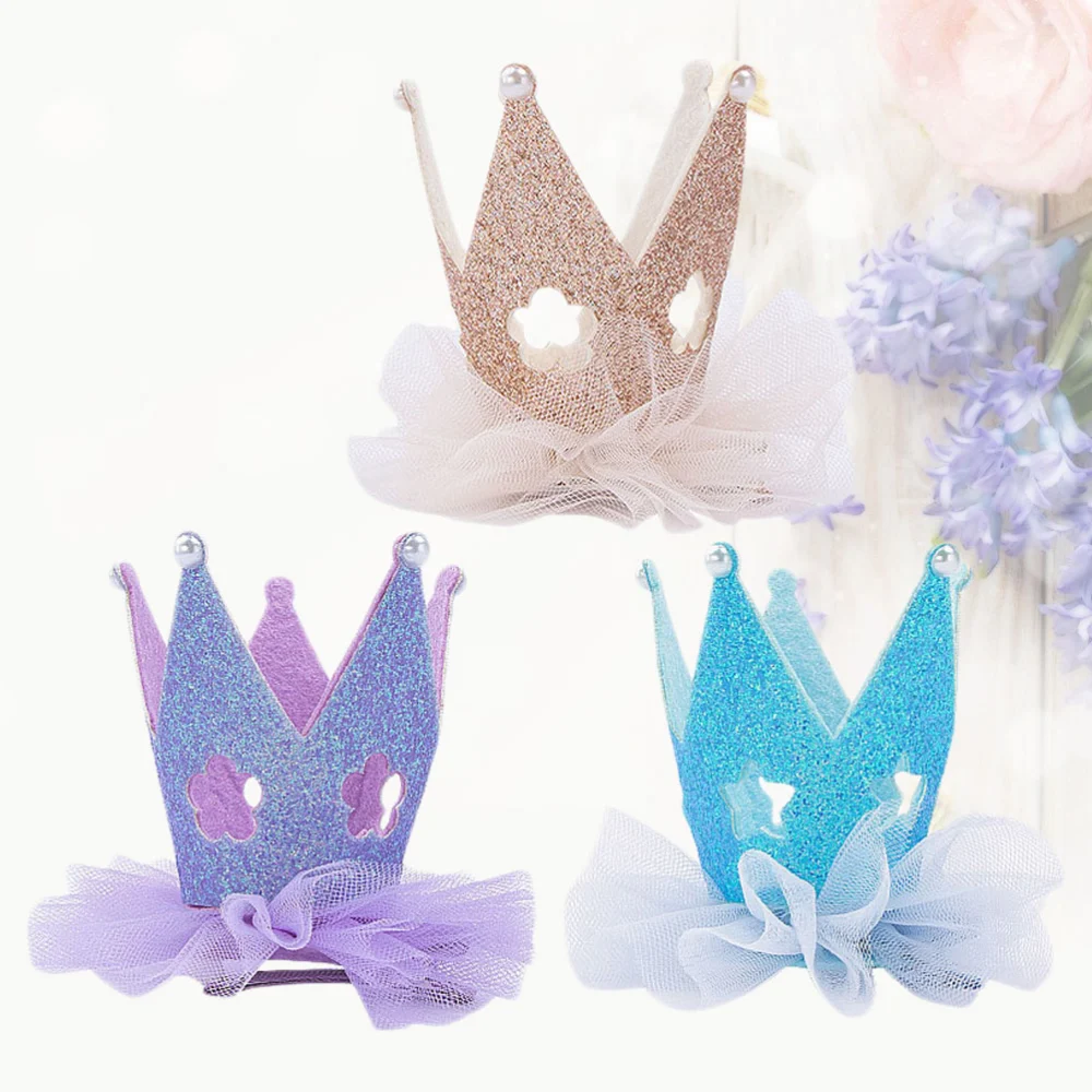 3Pcs Crown Hair Clips Delicate Pearl Headdress Girls Mesh Bow Barrettes Accessories Bobby Pin Kids Crown Hair Pin (Golden + Blue + Purple)