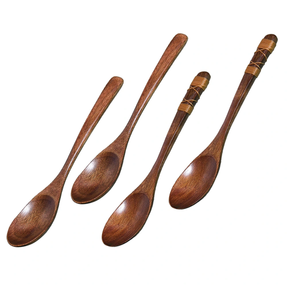 4pcs Wood Spoons with Tied Line on Handle Stirring Soup Spoon Jam Spoon Tableware (Random Style)