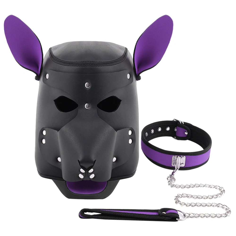 1 Set of Sex Headgear PU Leather Dog Mask SM Slave BDSM Bandage Restraints Toy with Pulling Rope (Purple)