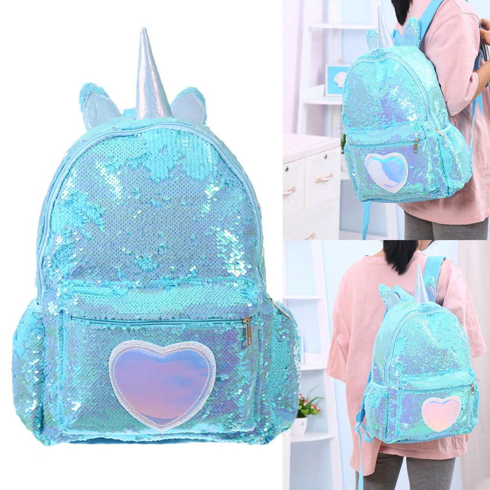 Sequin Backpack Cartoon Unicorn Schoolbag Large Capacity Backpack for Girls Women Student (Sky-blue)