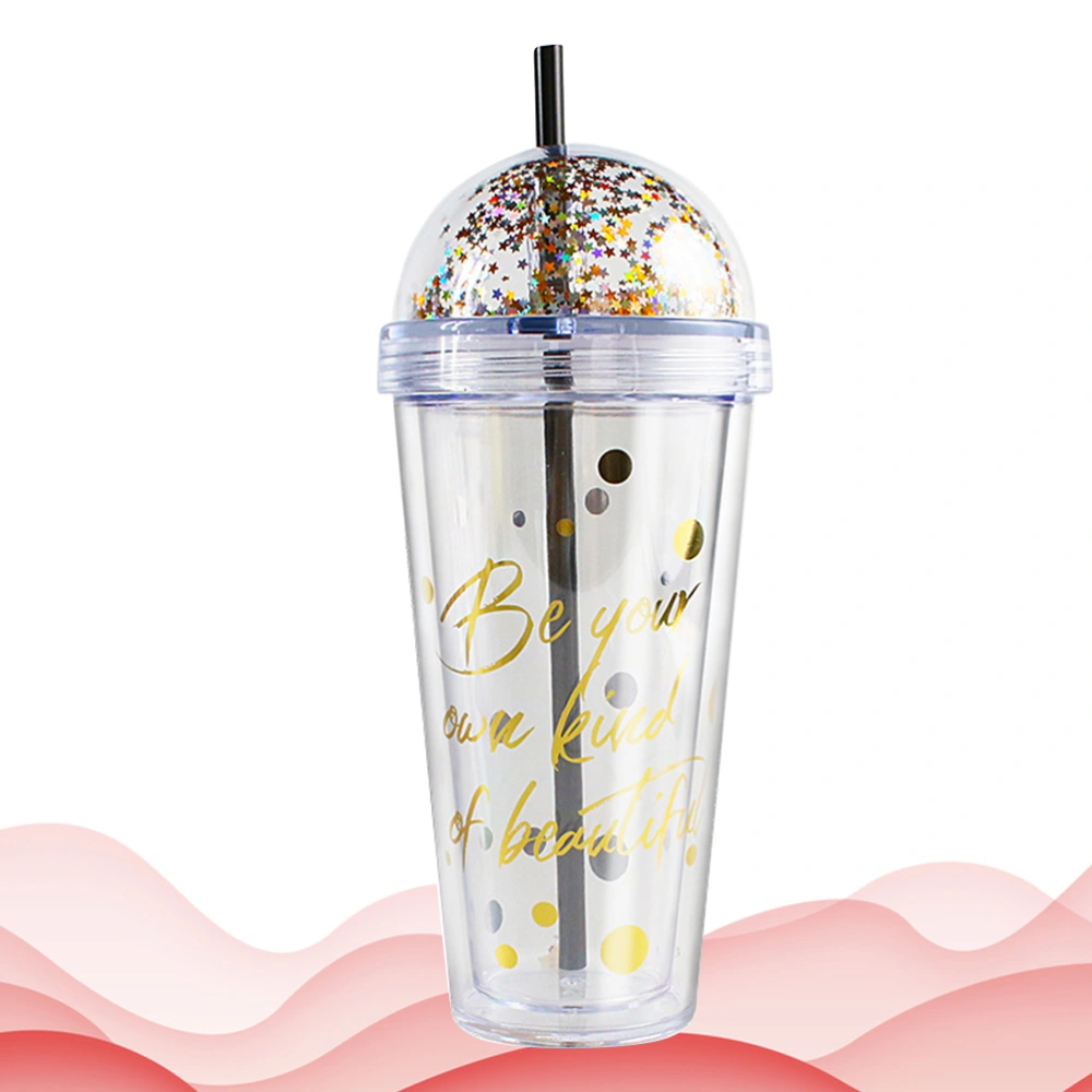 1PC 420ML Sequin Decoration Bottle Dots Pattern Double-walled Insulated Transparent Water Cup Straw Cup