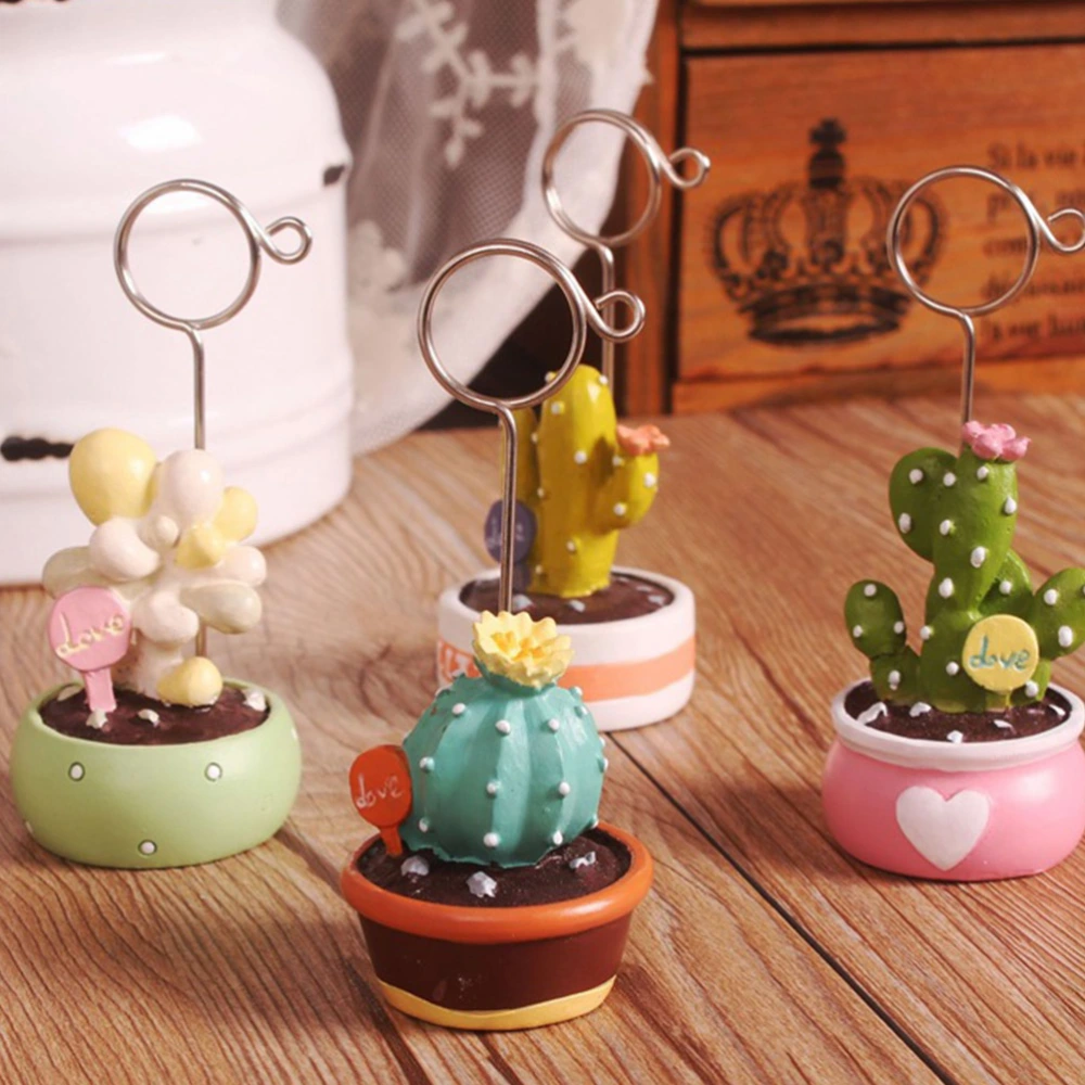 4pcs Simulation Cactus Note Clamp Bonsai Photo Clips Creative Picture Clips Desktop Decor (White Bottom + Pink Bottom + Green Bottom + Coffee Bottom)