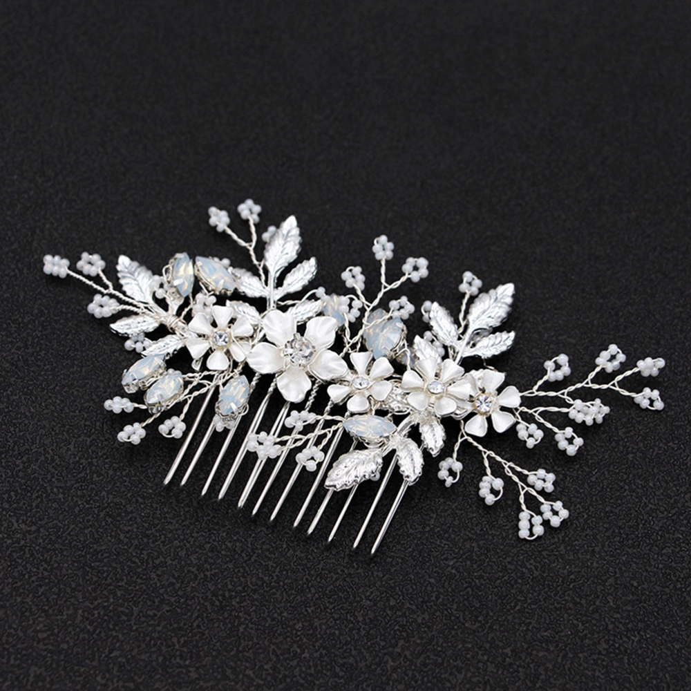 1pc Rhinestone Hair Comb Fashion Banquet Headdress Pearl Flower Hair Comb Beautiful Bridal Hair Ornament Wedding Photo Prop(Silver)