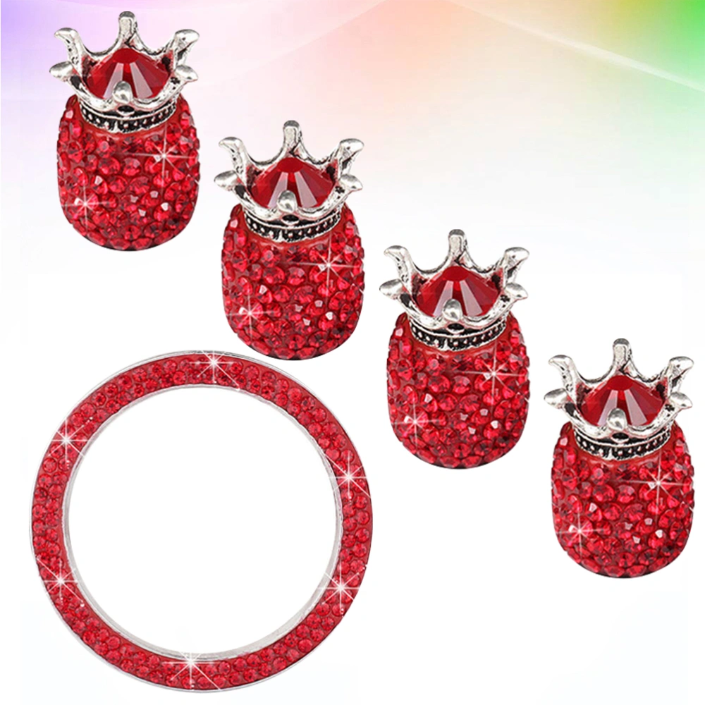 5PCS/Set Universal Crown Shape Rhinestone Car Start Key Tire Dust Caps Decoration Auto Stem Caps Ignition Button Ring (Red)