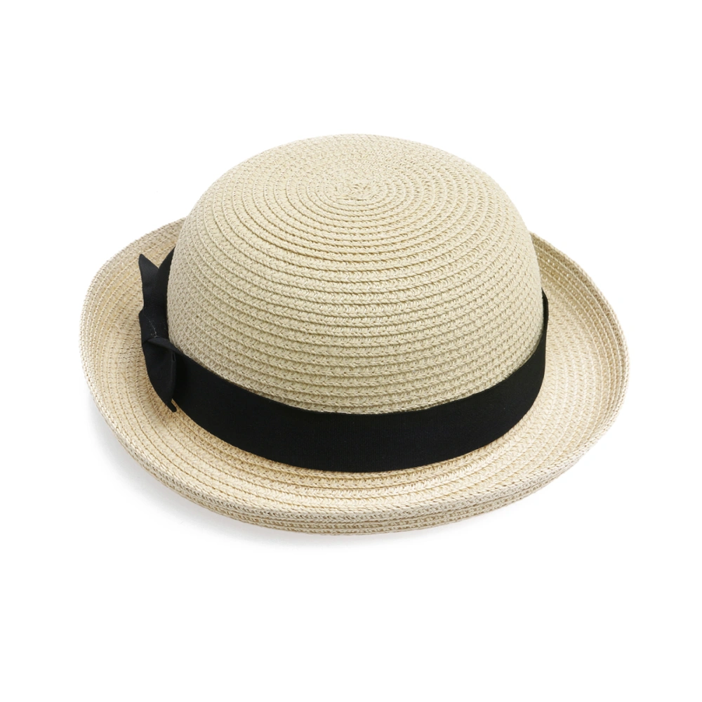 Fashion Women's Girls Bowknot Roll-up Wide Brim Dome Straw Summer Sun Hat Bowler Beach (Beige)