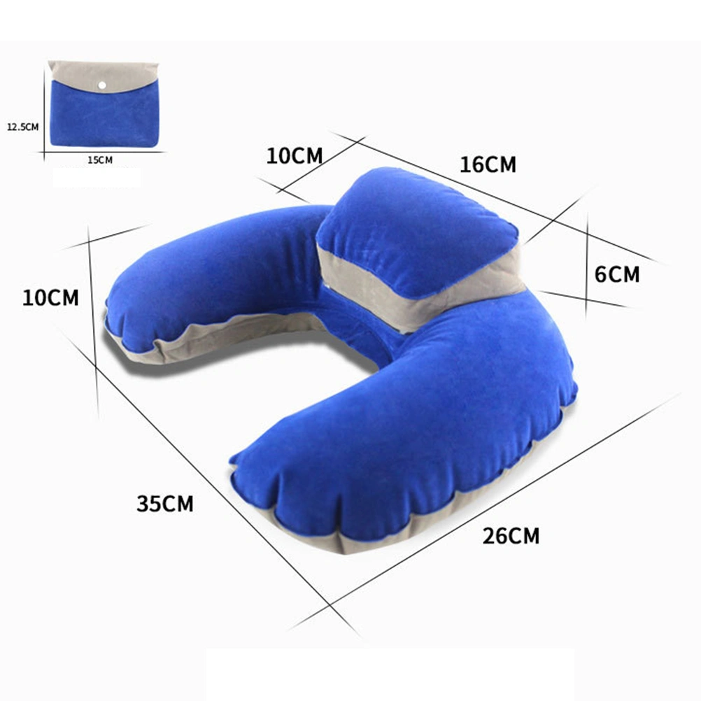 Flocking Pillow Inflatable U shape Air Pillow Durable Head Neck Cushion for Travel Camping Outdoor (Rosy, with Earplug)