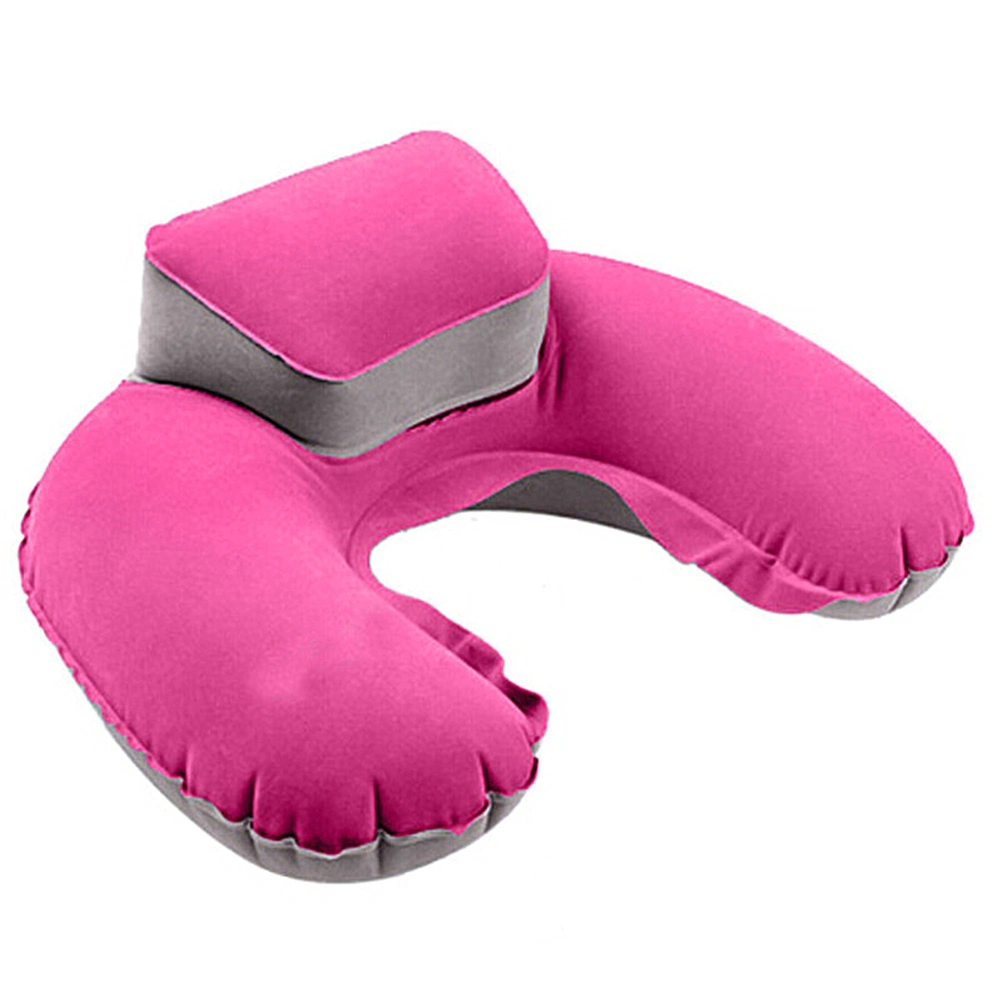 Flocking Pillow Inflatable U shape Air Pillow Durable Head Neck Cushion for Travel Camping Outdoor (Rosy, with Earplug)