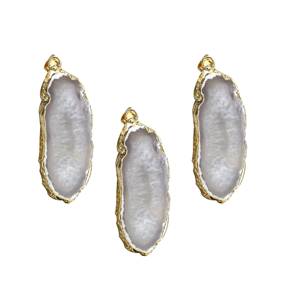 3 Pcs Irregular Natural Agate Stone Slice Plating Brim Pendant DIY Hanging Accessories for Jewelry Necklace Sweater Zipper Wind Chime Ornament (White)