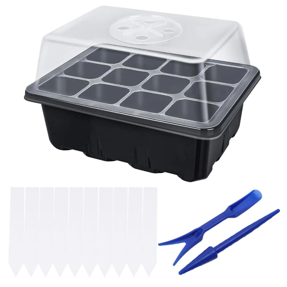 1 Set 12 Cells Plant Germination Tray Nursery Pots Planter Flower Pot Breathable Hydroponic Grow Box Tray with 10 Pcs Signpost Label and 2 Pcs Puncher Stick