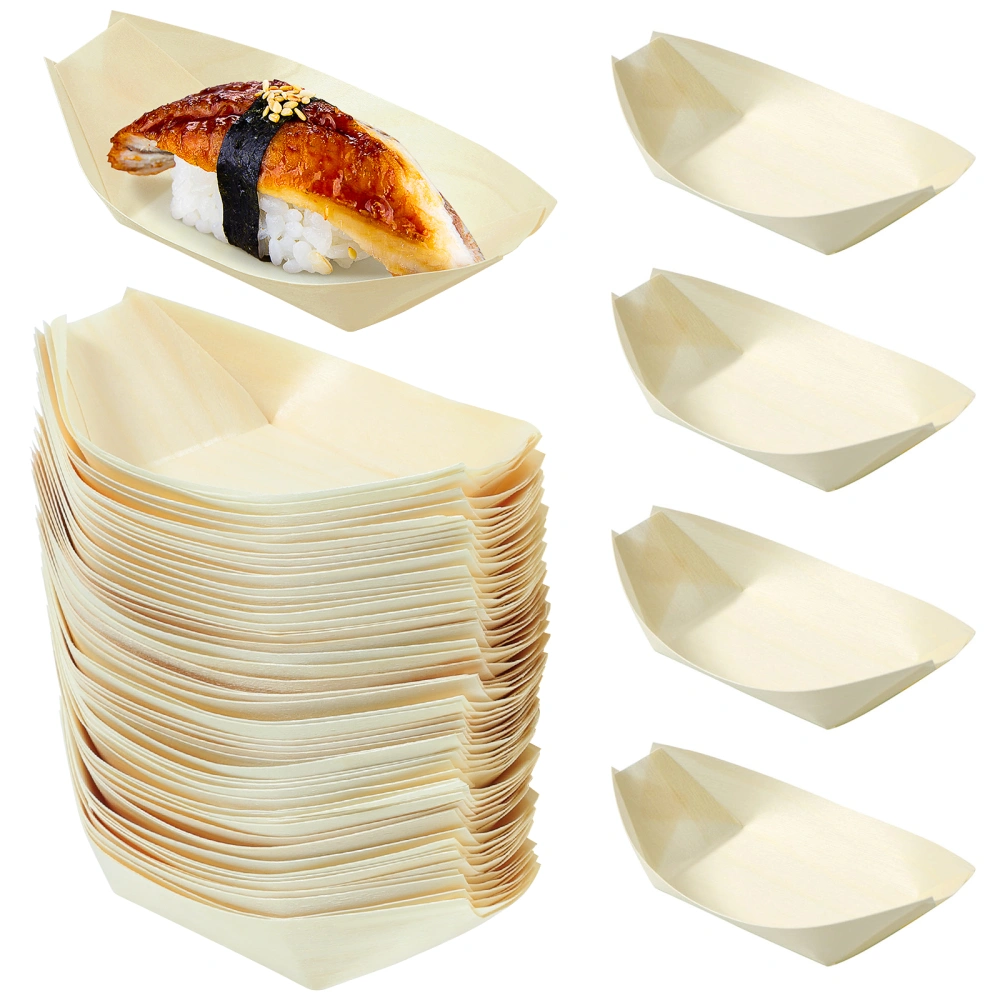 100 Pcs Disposable Sushi Boat Plates Natural Wooden Sushi Tray Dishes for Home Restaurant