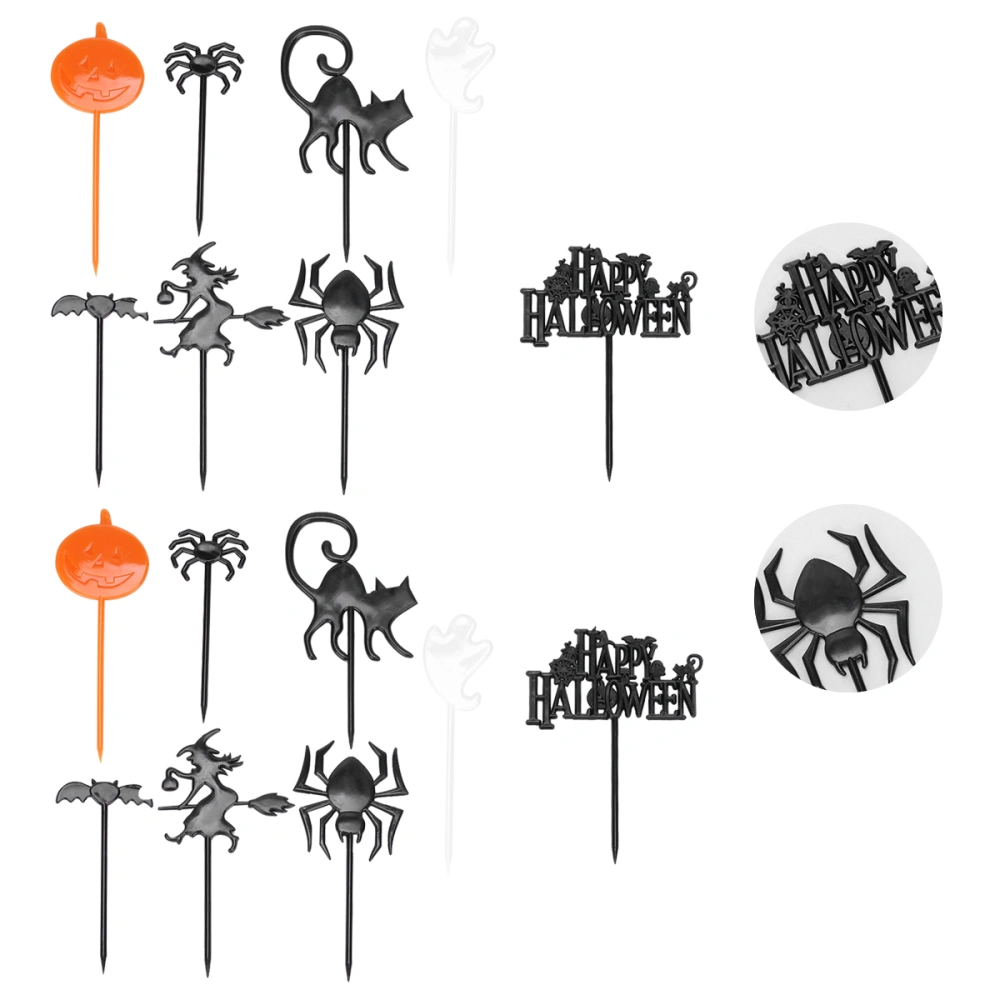 2set Halloween Cake Topper Cake Insert Cards Fruit Forks (Black, White, Orange)