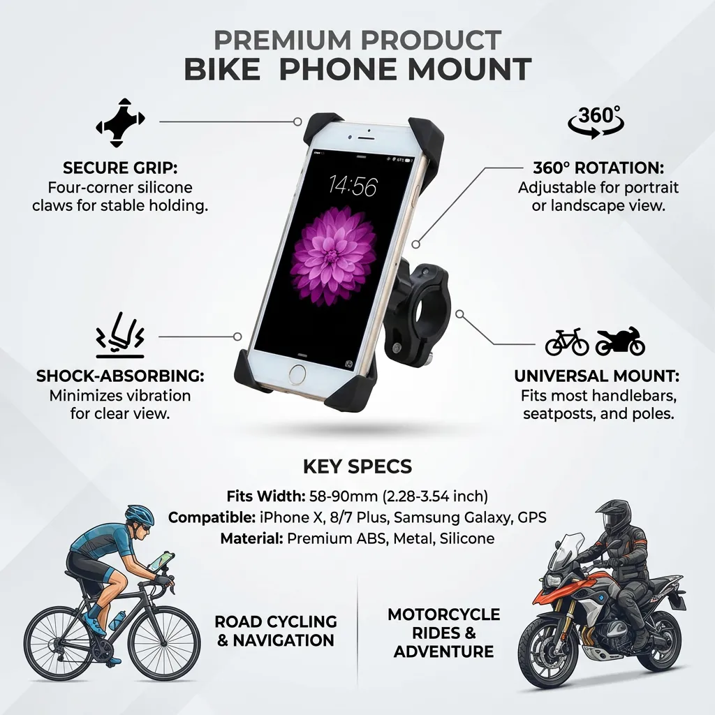 Universal Bike Motorcycle Holder Cell Phone Mount Handlebar Seatpost And Pole Mount Bracket for iPhone X / iPhone 8 Plus / iPhone 8/ iPhone 7/ 7 Plus/ 6 S/6 Plus/5/Samsung Galaxy And More Smartphone And GPS (Black)