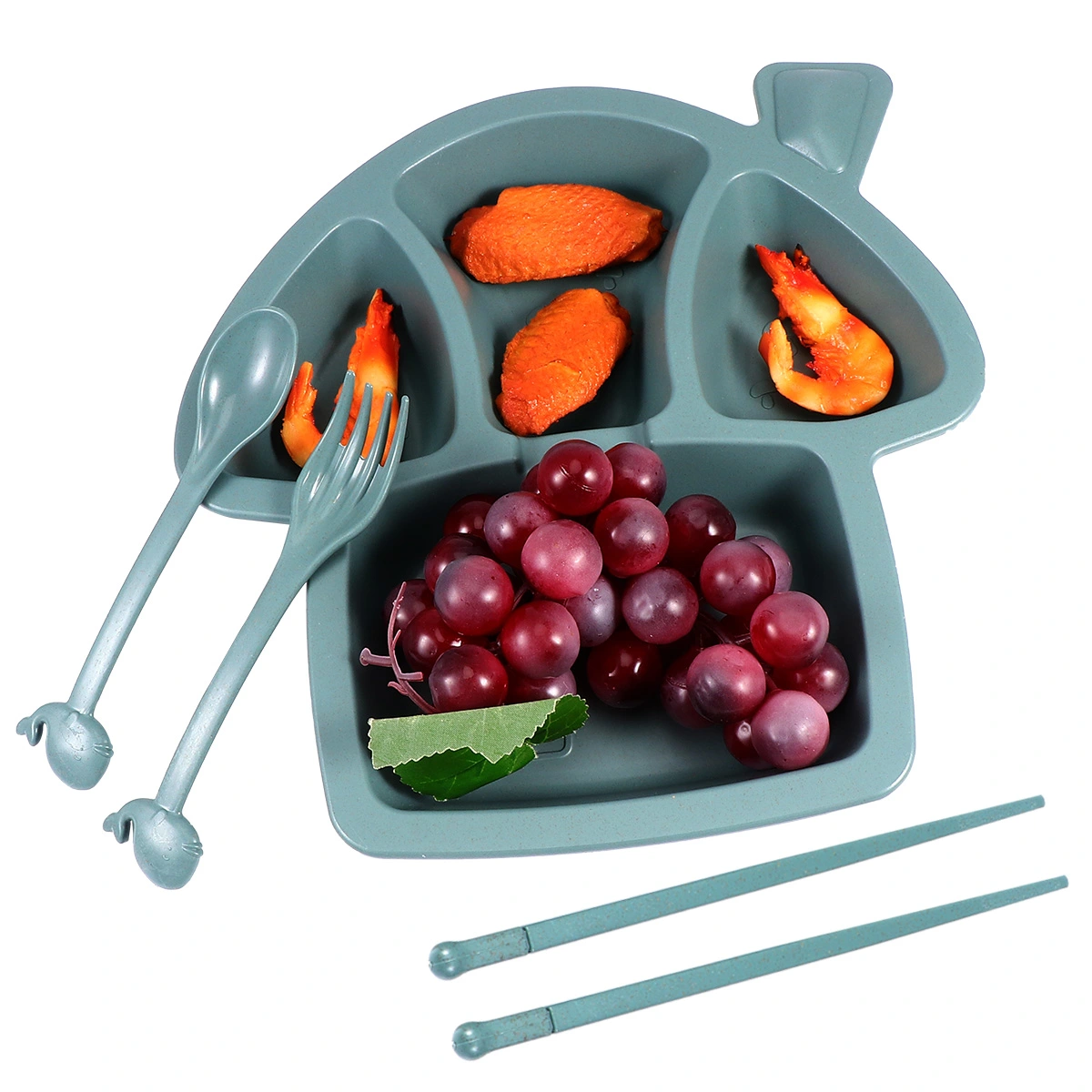 1 Set of 6Pcs Child Compartment Dinner Plate Set Food Container Tableware (Dark Green 1Pc Dinner Plate 1Pc Bowl 1Pc Cup 1Pc Spoon 1Pc Fork 1 Pair of Chopsticks)